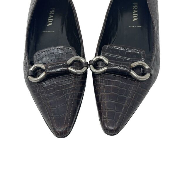 Prada 37 Leather Pointy Toe Brown Low Block Heel Pumps Metal Italy Womens - Picture 12 of 14